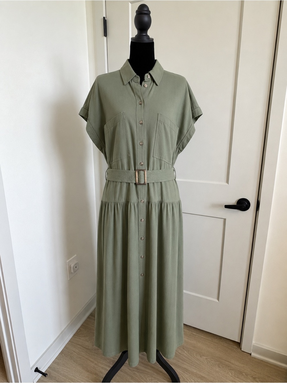 Relaxed Shirt Maxi Dress with Belt in Sage Green